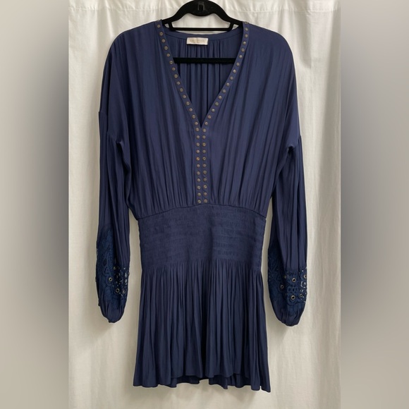Ramy Brook V - Neck Long Sleeve Blue Dress with Lace and Grommet Accents - Picture 1 of 5
